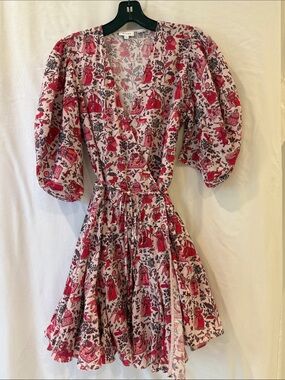 RHODE Claudine Women's Red Floral Wrap Dress with Puff Sleeves